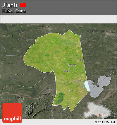 Satellite 3D Map of Jianli, darken, semi-desaturated