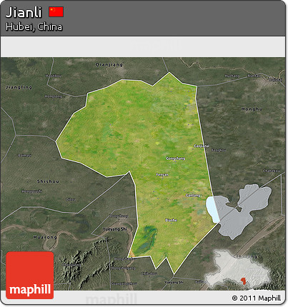 Satellite 3D Map of Jianli, darken, semi-desaturated
