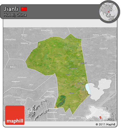 Satellite 3D Map of Jianli, lighten, desaturated