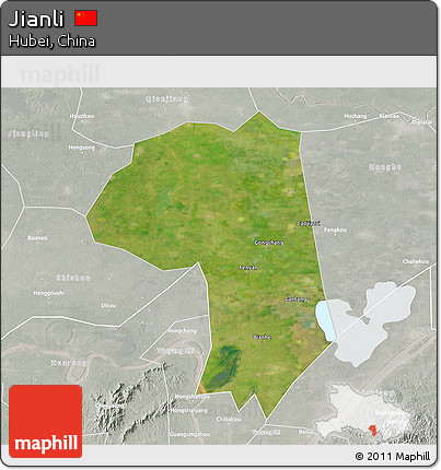 Satellite 3D Map of Jianli, lighten, semi-desaturated