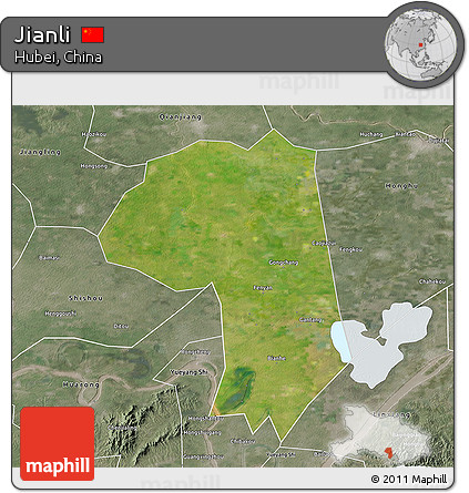 Satellite 3D Map of Jianli, semi-desaturated