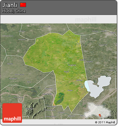 Satellite 3D Map of Jianli, semi-desaturated