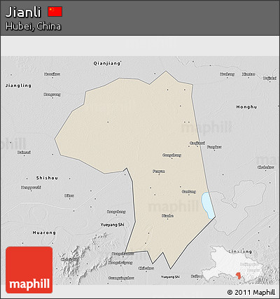 Shaded Relief 3D Map of Jianli, desaturated