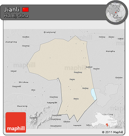 Shaded Relief 3D Map of Jianli, desaturated