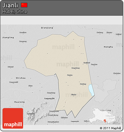 Shaded Relief 3D Map of Jianli, desaturated