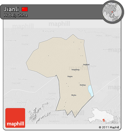 Shaded Relief 3D Map of Jianli, lighten, desaturated