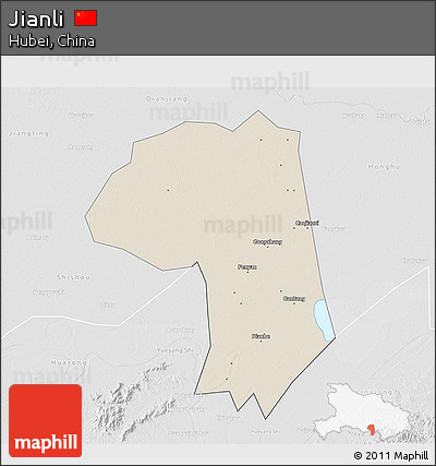 Shaded Relief 3D Map of Jianli, lighten, desaturated