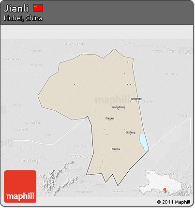 Shaded Relief 3D Map of Jianli, lighten, desaturated