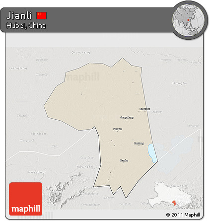 Shaded Relief 3D Map of Jianli, lighten, semi-desaturated