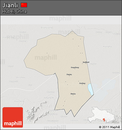 Shaded Relief 3D Map of Jianli, lighten, semi-desaturated