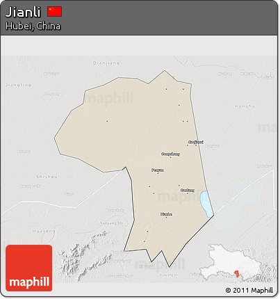 Shaded Relief 3D Map of Jianli, lighten, semi-desaturated
