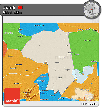Shaded Relief 3D Map of Jianli, political outside