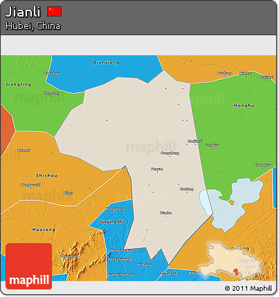 Shaded Relief 3D Map of Jianli, political outside