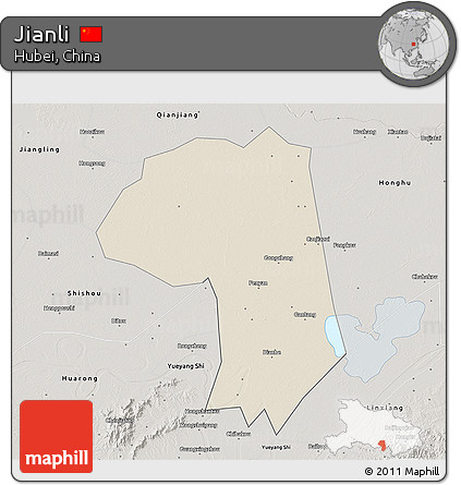 Shaded Relief 3D Map of Jianli, semi-desaturated