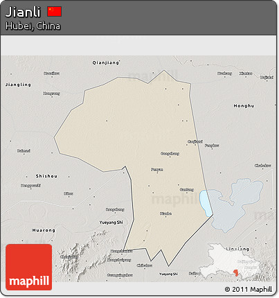 Shaded Relief 3D Map of Jianli, semi-desaturated