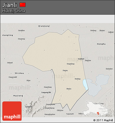 Shaded Relief 3D Map of Jianli, semi-desaturated