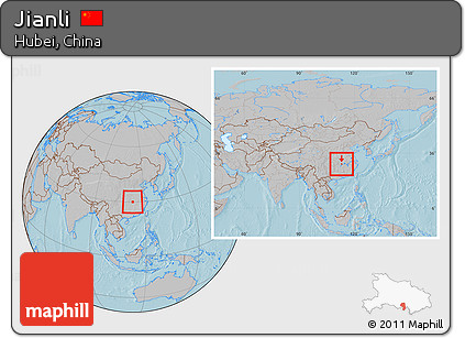 Gray Location Map of Jianli, within the entire country, hill shading