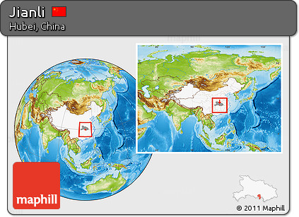 Physical Location Map of Jianli, highlighted country, highlighted parent region, within the entire country