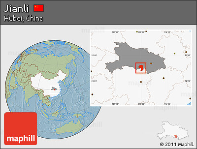 Savanna Style Location Map of Jianli, highlighted country, highlighted parent region, hill shading
