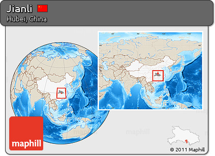 Shaded Relief Location Map of Jianli, highlighted country, highlighted parent region, within the entire country