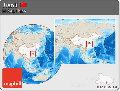 Shaded Relief Location Map of Jianli, highlighted country, highlighted parent region, within the entire country
