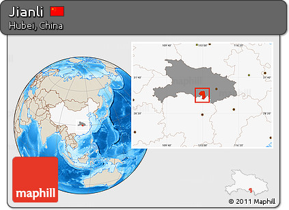 Shaded Relief Location Map of Jianli, highlighted country, highlighted parent region