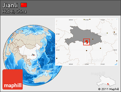 Shaded Relief Location Map of Jianli, highlighted country, highlighted parent region