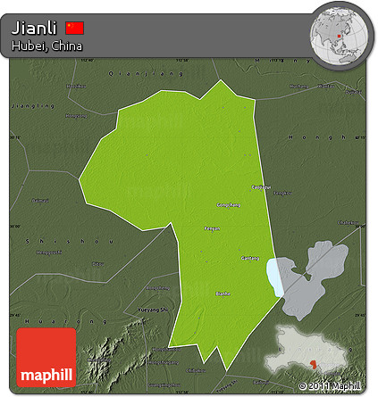 Physical Map of Jianli, darken, semi-desaturated