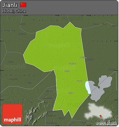 Physical Map of Jianli, darken, semi-desaturated