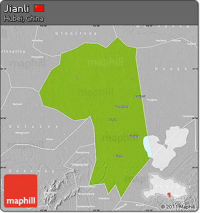 Physical Map of Jianli, lighten, desaturated