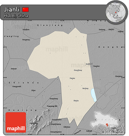 Shaded Relief Map of Jianli, darken, desaturated