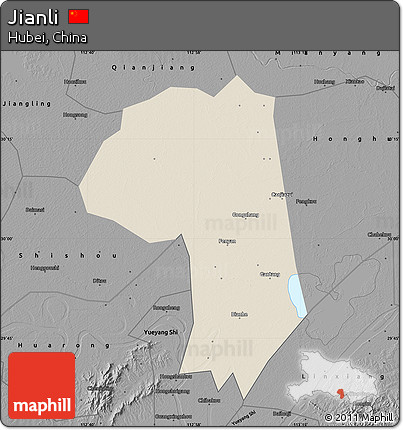 Shaded Relief Map of Jianli, darken, desaturated