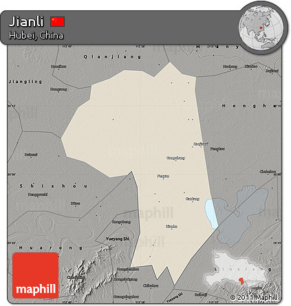Shaded Relief Map of Jianli, darken, semi-desaturated