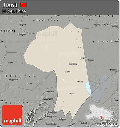 Shaded Relief Map of Jianli, darken, semi-desaturated