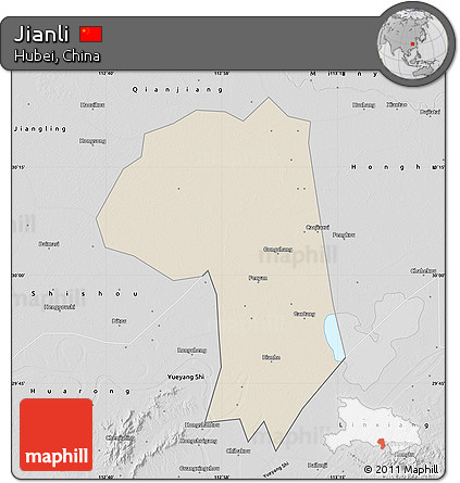 Shaded Relief Map of Jianli, desaturated