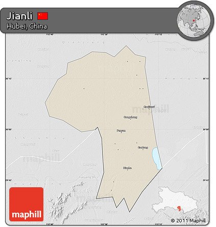 Shaded Relief Map of Jianli, lighten, desaturated