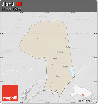 Shaded Relief Map of Jianli, lighten, desaturated