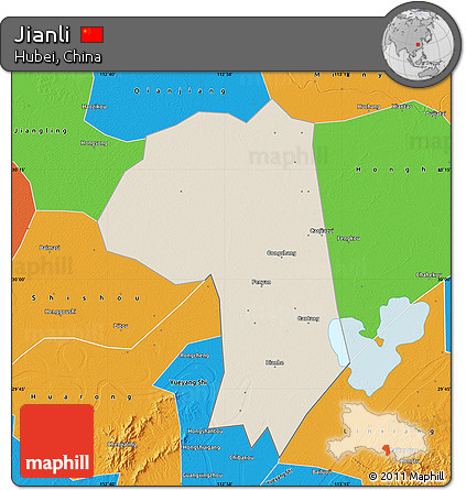 Shaded Relief Map of Jianli, political outside