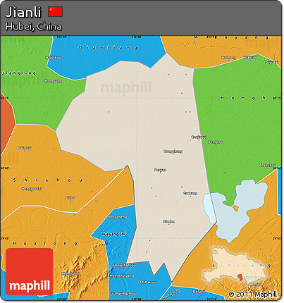 Shaded Relief Map of Jianli, political outside