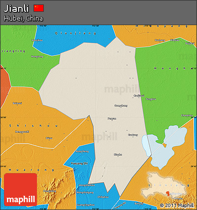 Shaded Relief Map of Jianli, political outside