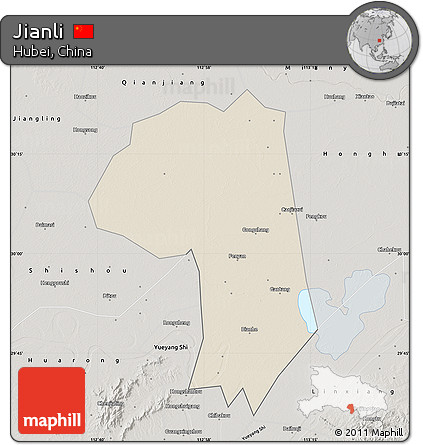 Shaded Relief Map of Jianli, semi-desaturated