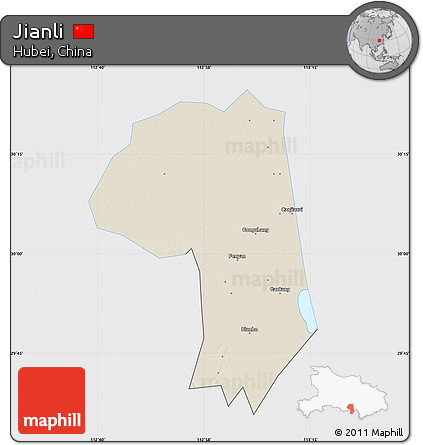 Shaded Relief Map of Jianli, single color outside