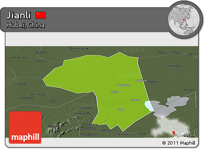 Physical Panoramic Map of Jianli, darken, semi-desaturated