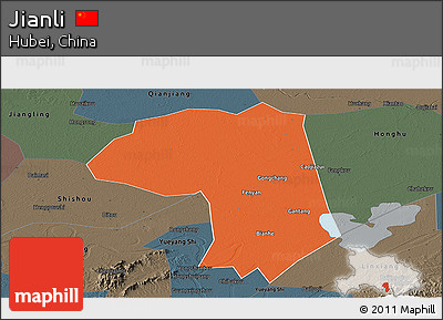 Political Panoramic Map of Jianli, darken, semi-desaturated