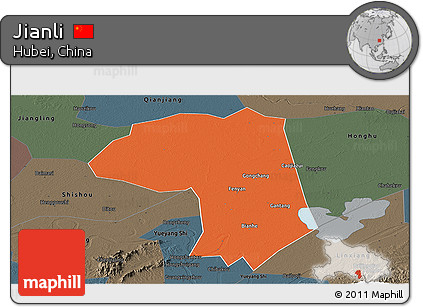 Political Panoramic Map of Jianli, darken, semi-desaturated