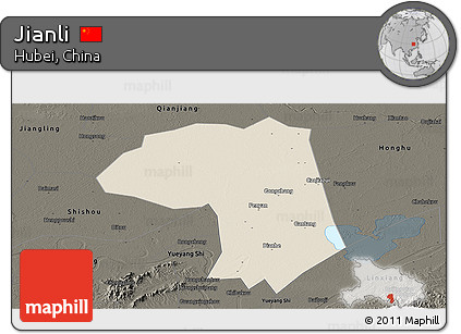 Shaded Relief Panoramic Map of Jianli, darken