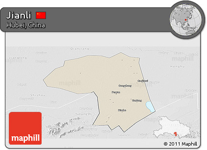 Shaded Relief Panoramic Map of Jianli, lighten, desaturated