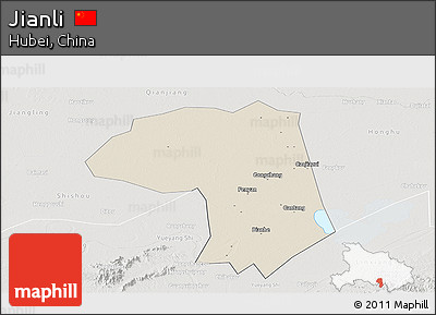 Shaded Relief Panoramic Map of Jianli, lighten, semi-desaturated