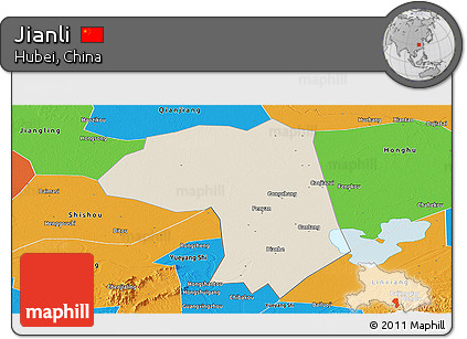 Shaded Relief Panoramic Map of Jianli, political outside