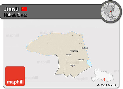 Shaded Relief Panoramic Map of Jianli, single color outside